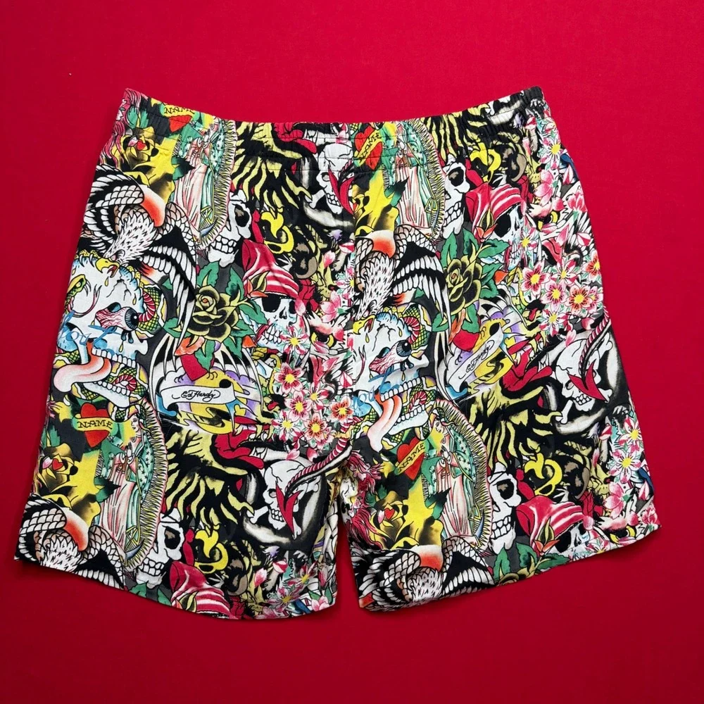 Ed Hardy Mens Tattoo Print Shorts Multi Color Skull Panther Graphic New Large